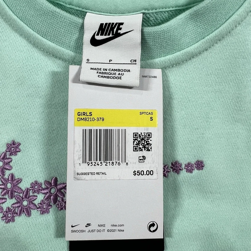 Nike Girl's Small Sweatshirt Floral Shirt Sportswear Pullover DM8210-379 Green‎